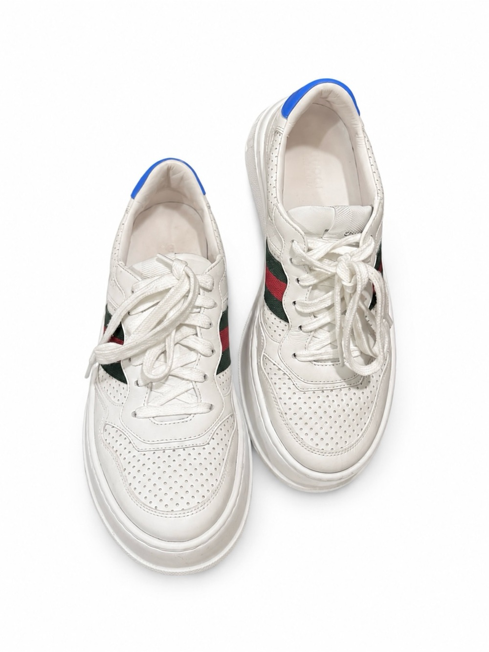 Gucci White Leather Platform Sneaker with Green and Red Web and Blue Heel - Picture 8 of 13